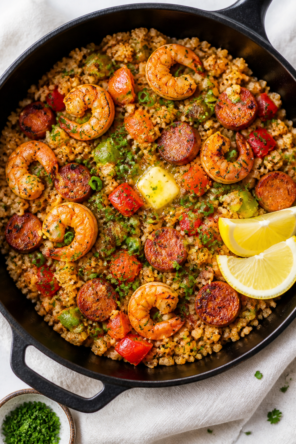 Tasty top view: Overhead shot of the finished Spicy Cajun Cauliflower Rice Skillet with shrimp and s