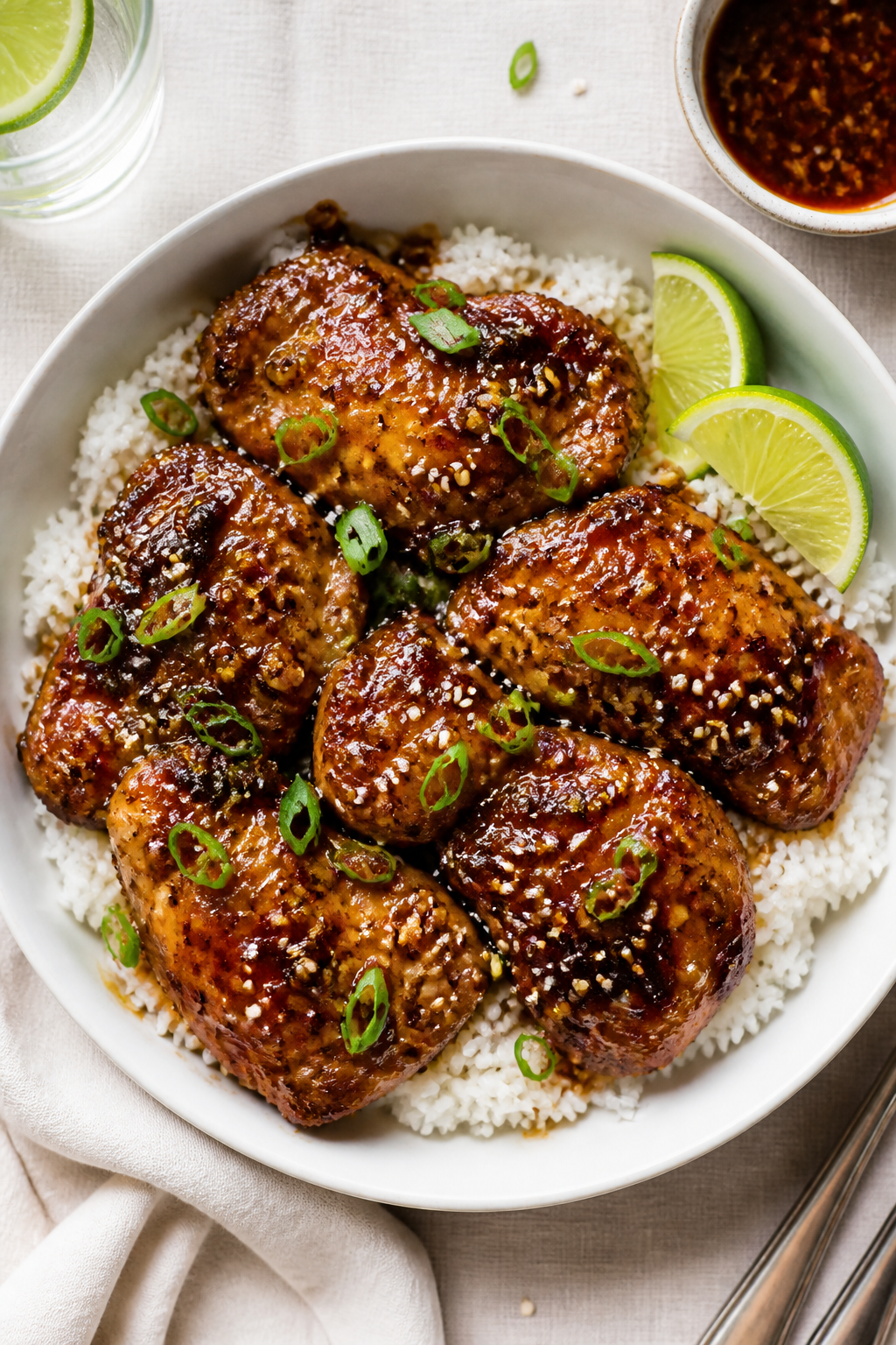 Tasty top view: Overhead shot of the finished sticky honey garlic chicken thighs arranged over fluff