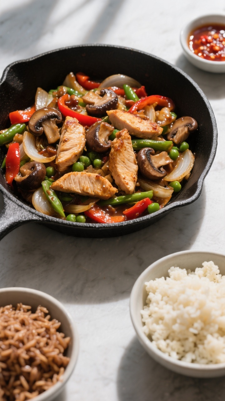 Tasty top view: Overhead shot of the finished stir fry served family-style in a matte black skillet,