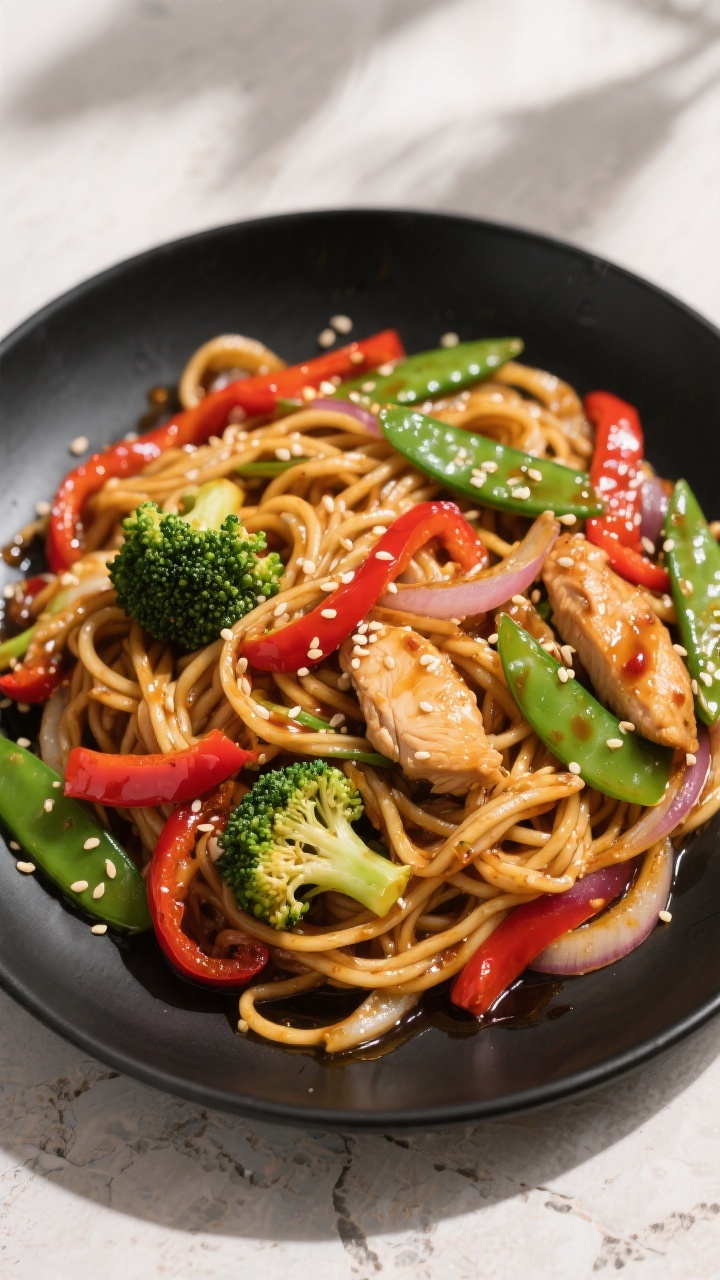 Tasty top view: Overhead shot of the finished stir fry tossed with chewy lo mein-style noodles, show