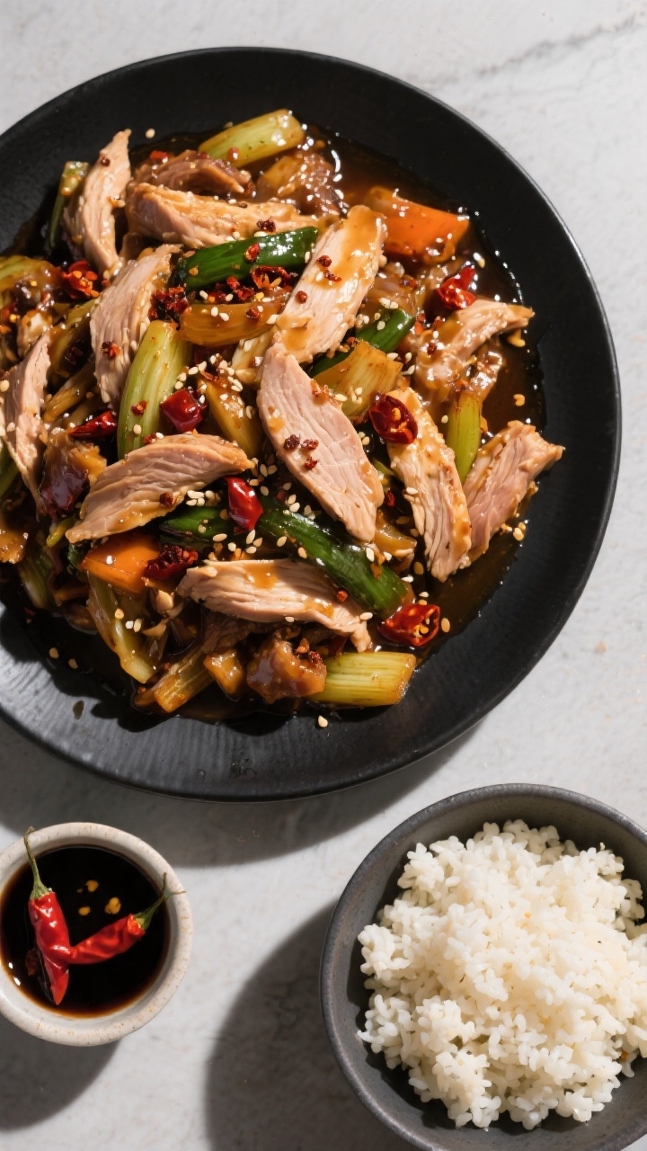 Tasty top view: Overhead shot of the stir fry served family-style on a matte black platter, glisteni