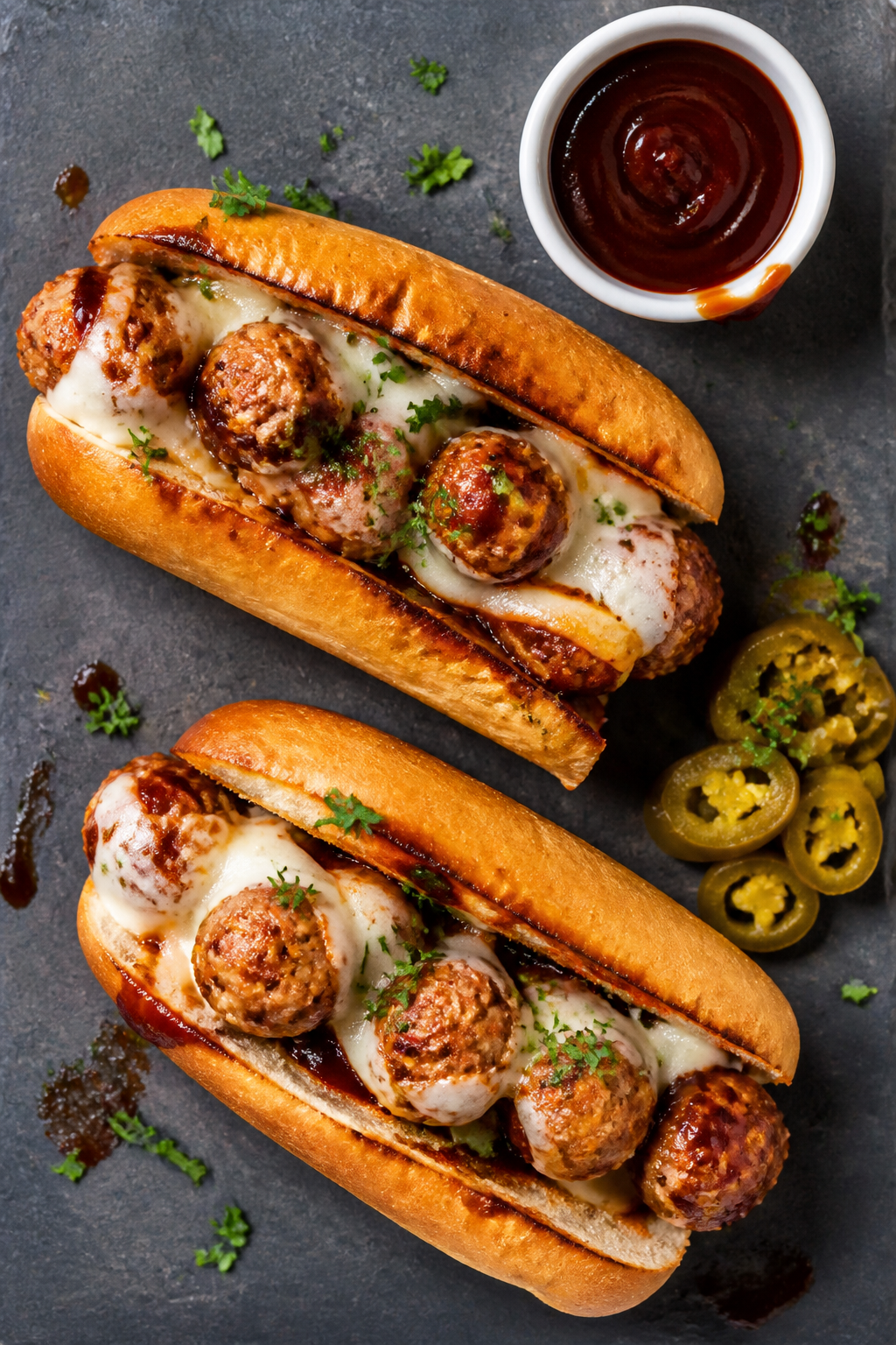 Tasty top-view: Overhead shot of two BBQ meatball subs on a slate-gray board, cut on the bias to rev