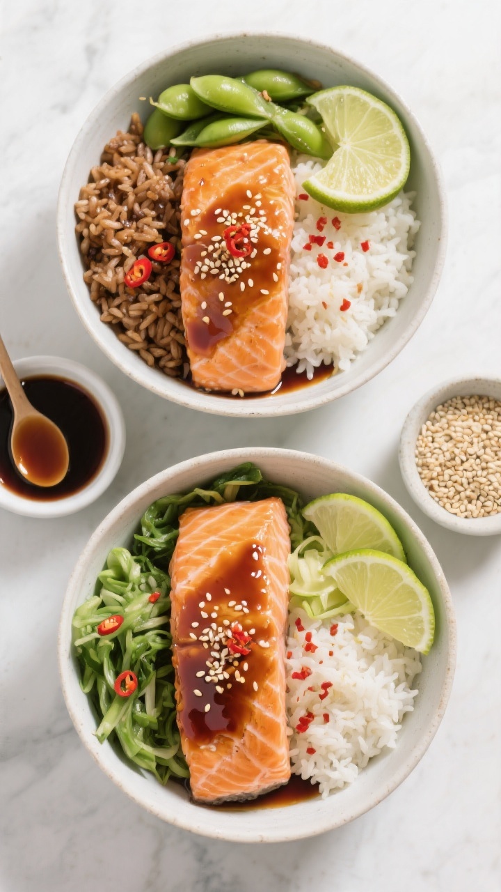 Tasty top view: Overhead shot of two build-your-own teriyaki salmon bowls side-by-side, showcasing i