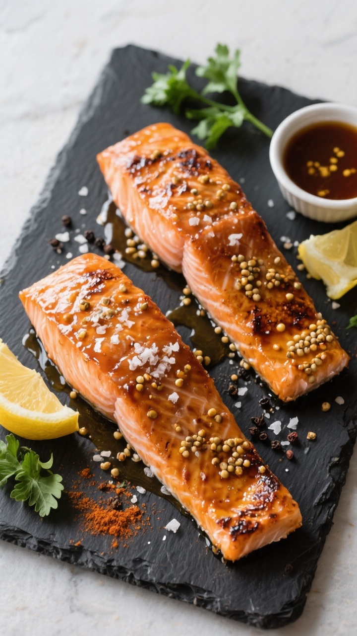 Tasty top view: Overhead shot of two maple Dijon salmon fillets arranged diagonally on a dark slate 