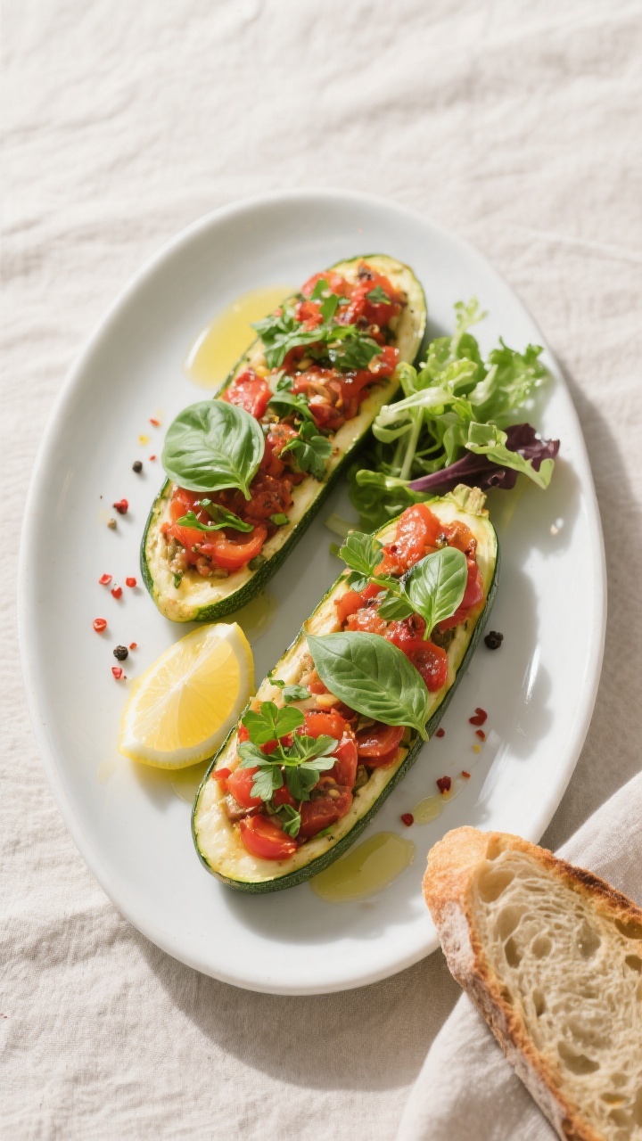 Tasty top view: Overhead shot of two plated healthy stuffed zucchini boats on a matte white oval pla