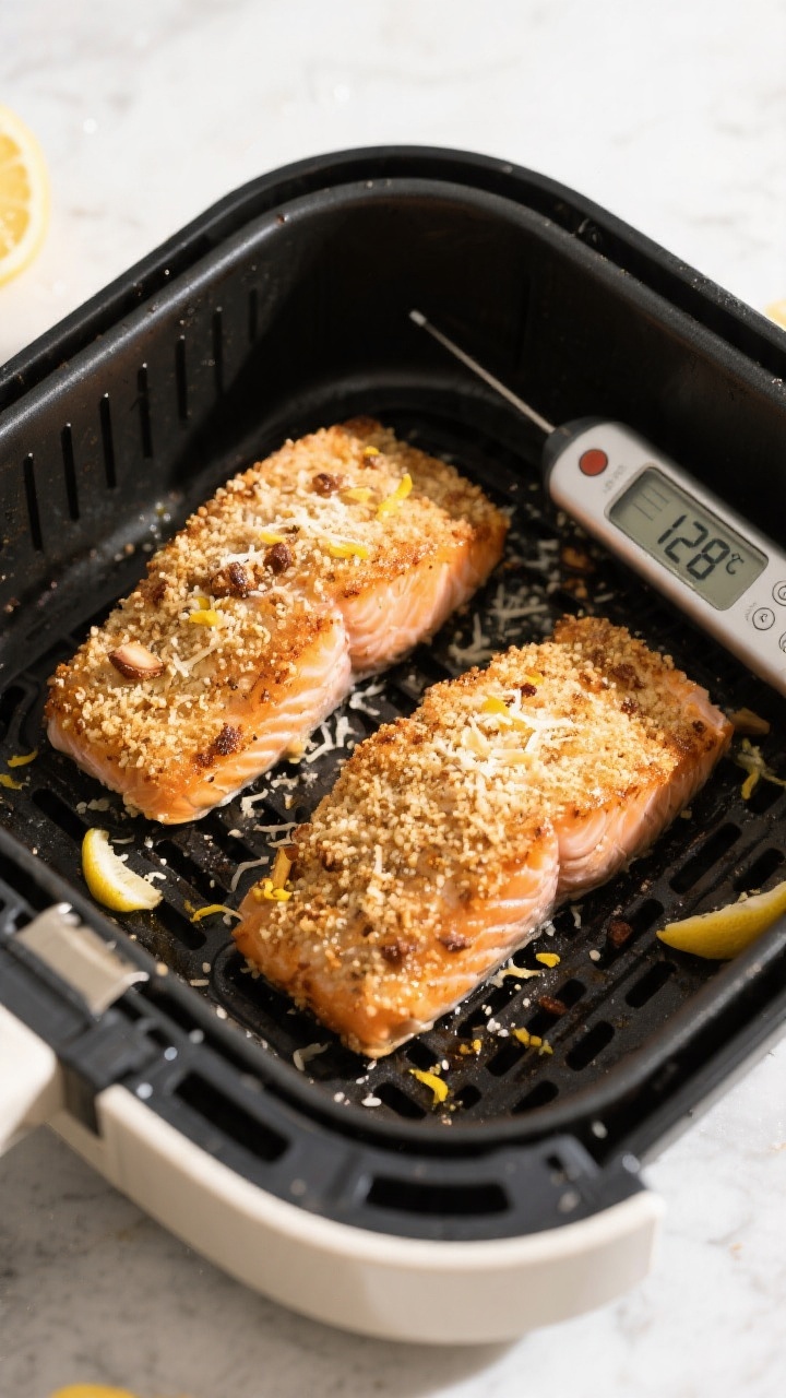 Tasty top view: Overhead shot of two salmon fillets in the air fryer basket mid-rest, crust set and 
