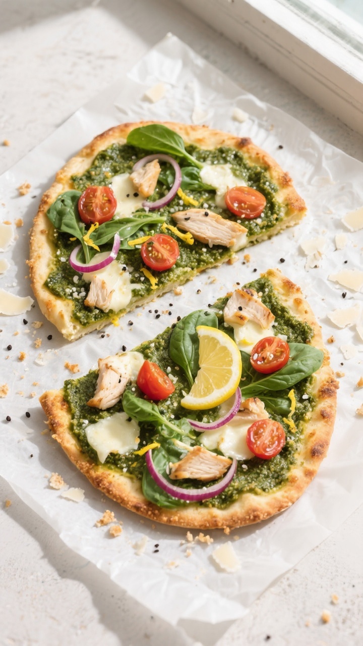 Tasty top view: Overhead shot of two sliced Chicken Pesto Flatbreads on a parchment-lined sheet, sho