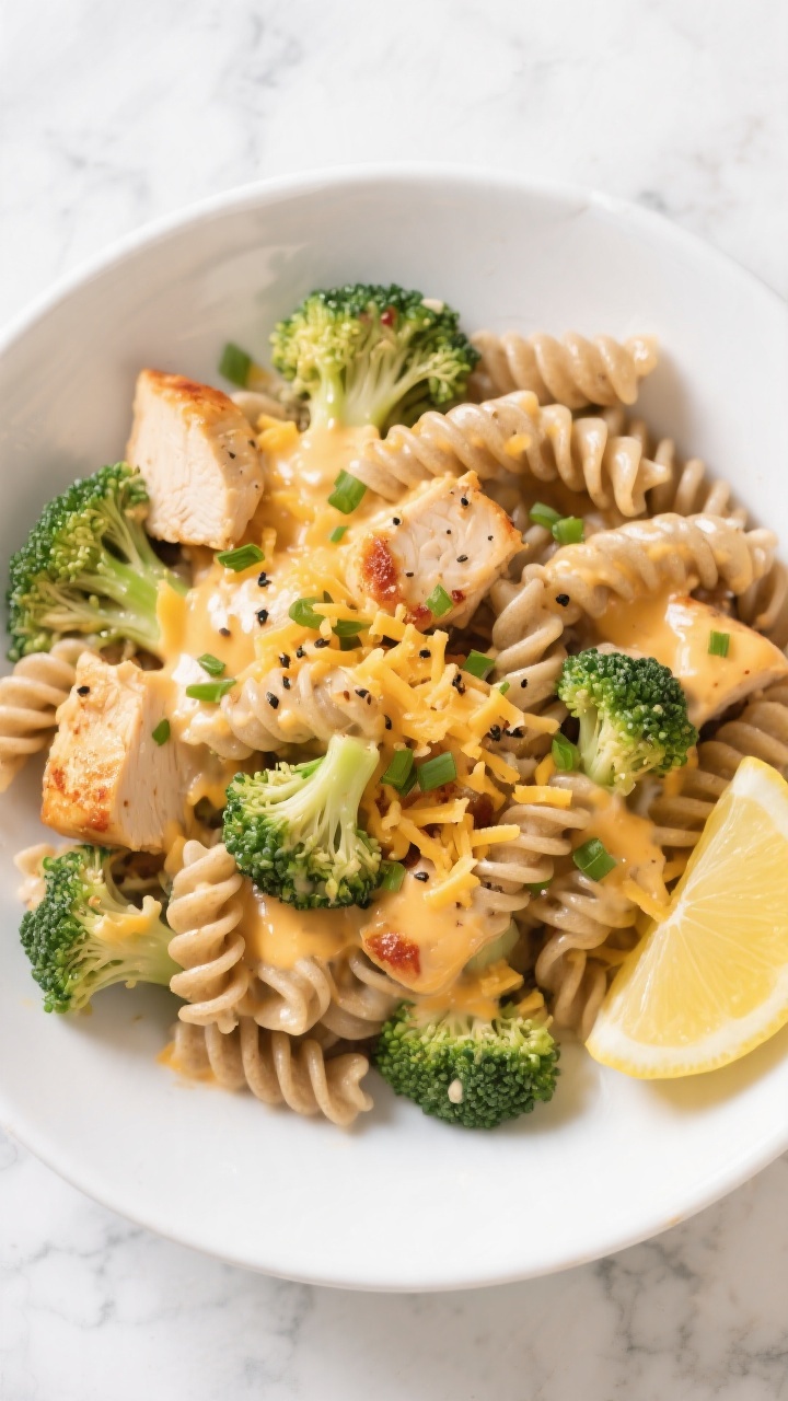 Tasty top view: Overhead shot of whole-wheat fusilli folded with crisp-tender broccoli florets and c