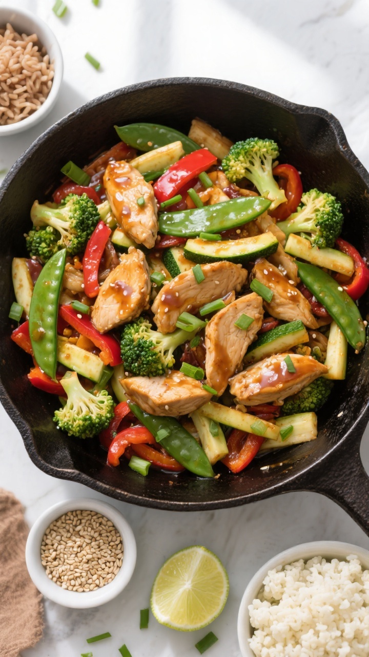 Tasty top view, overhead shot: Overhead of the finished Healthy Chicken Stir Fry served family-style