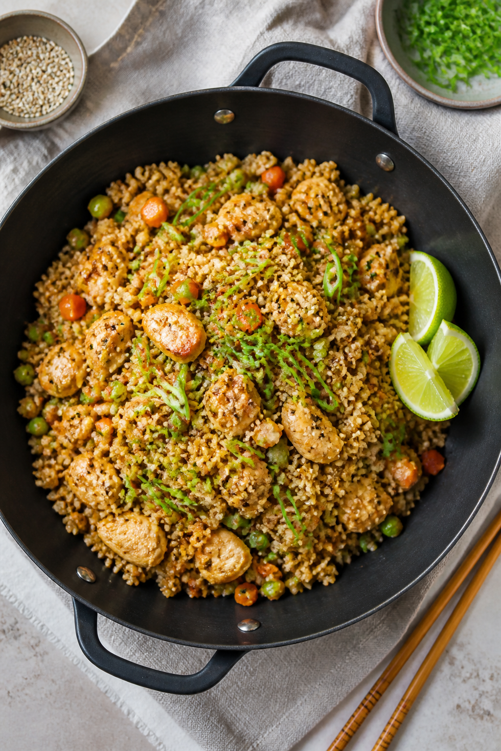 Tasty top view, overhead shot: Overhead shot of Cauliflower Fried Rice with Chicken served family-st
