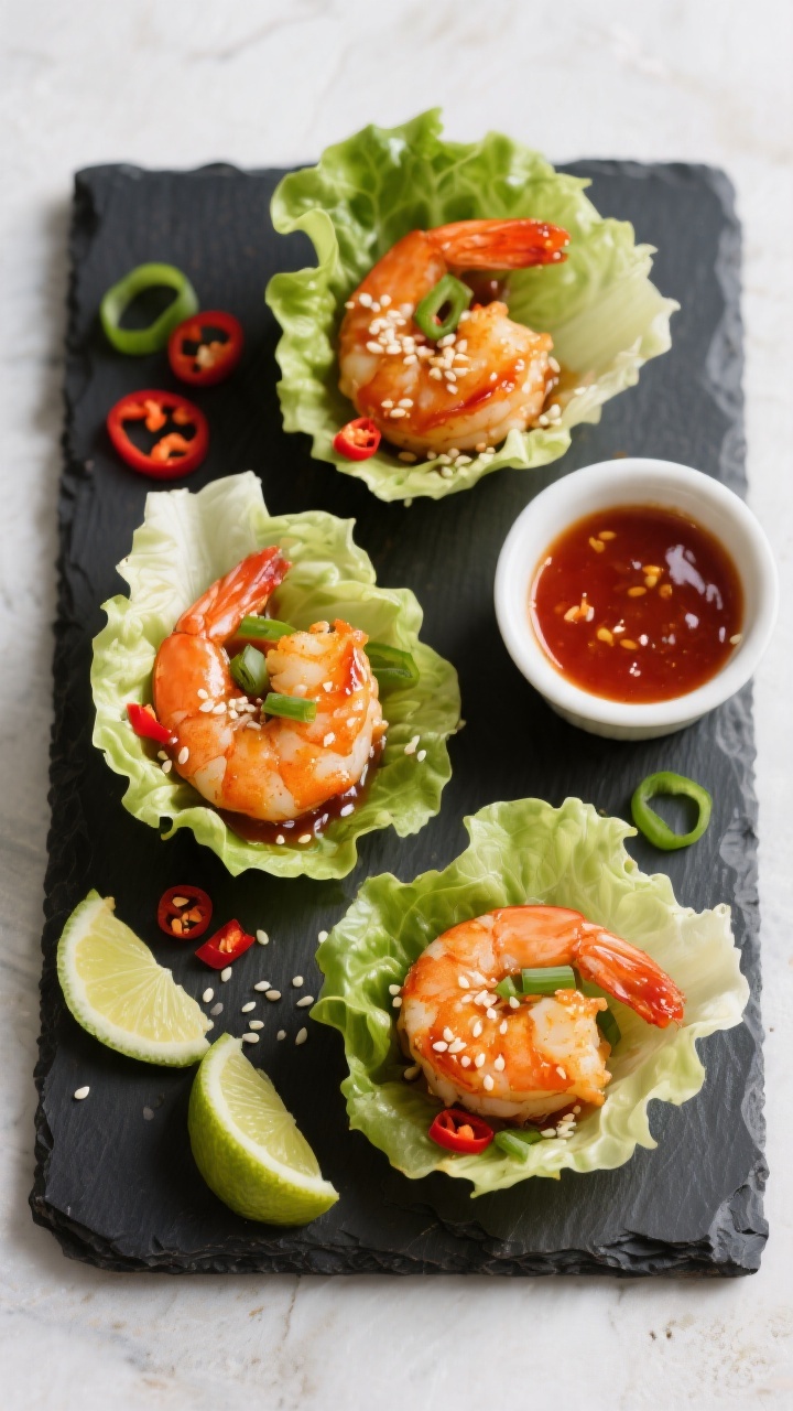 Tasty top view, overhead shot: Overhead shot of Honey Sriracha Shrimp tucked into crisp butter lettu