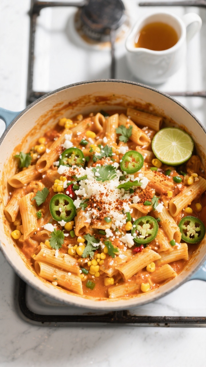 Tasty top view, overhead: Top-down shot of the finished pasta served family-style in the pot for a w