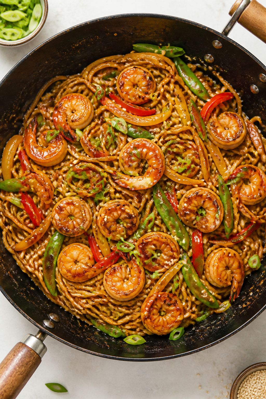 Tasty top view, overhead toss: Overhead shot of sticky honey garlic shrimp noodles just after tossin