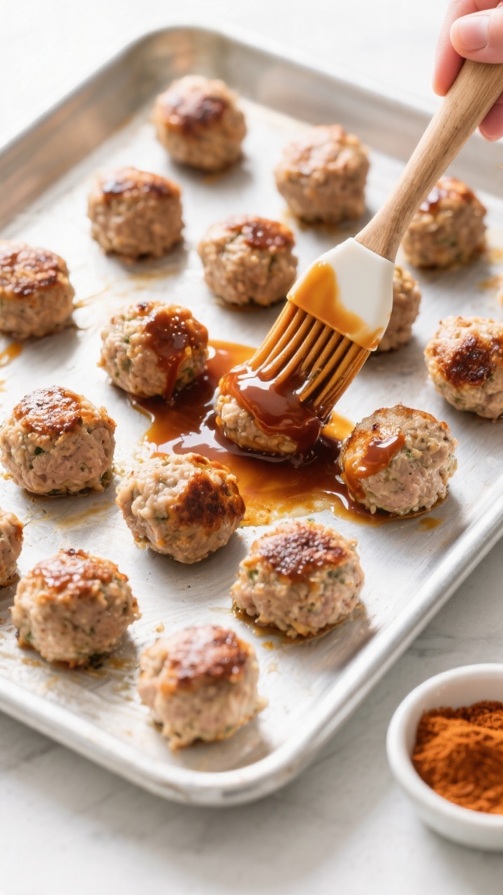 Tasty top view, process-focused: Overhead shot of baked turkey meatballs being brushed with BBQ sauc
