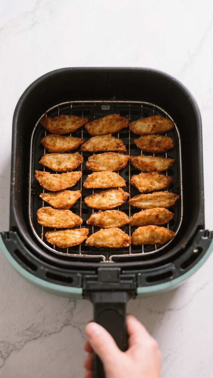 Tasty top-view process shot: Overhead shot of an air fryer basket arranged with a single, evenly spa