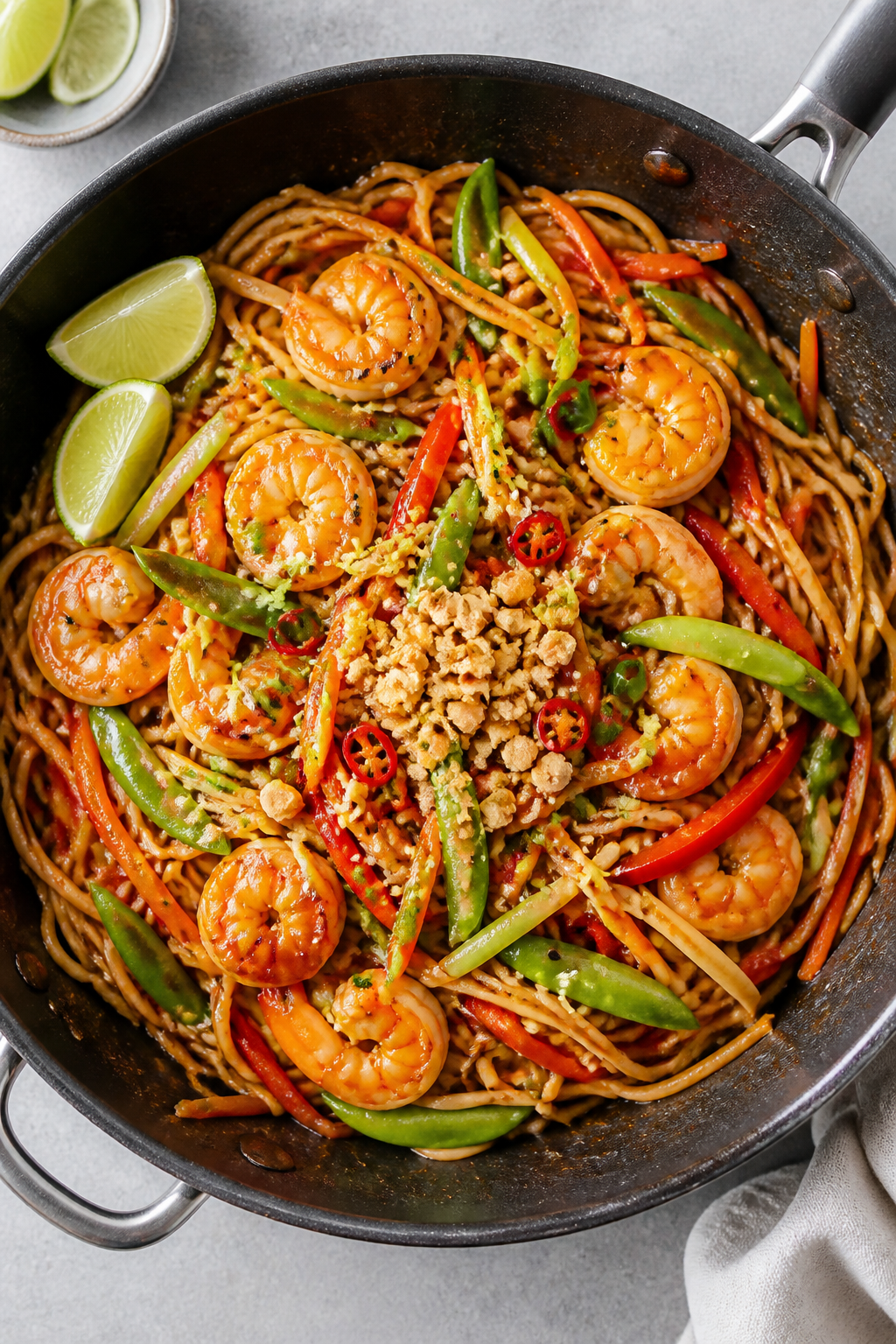 Tasty top view — saucy noodle toss: Overhead shot of Thai Chili Lime Shrimp Lo Mein mid-toss in a 