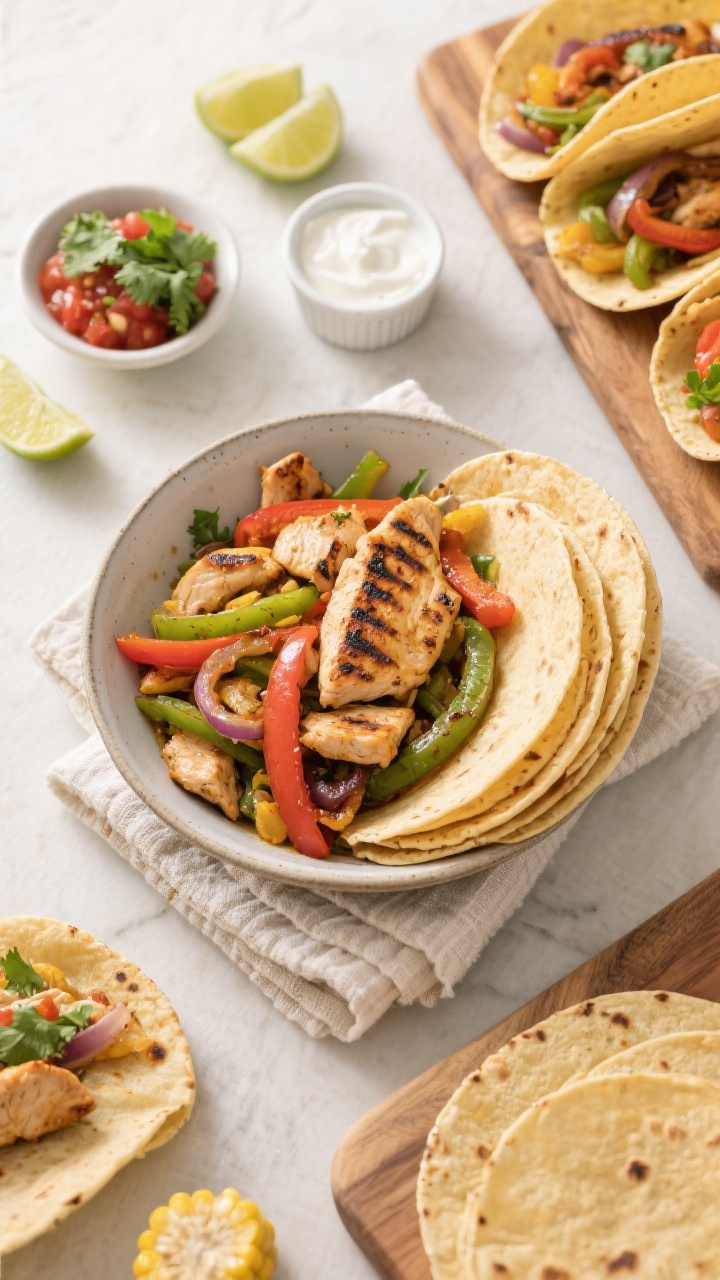 Tasty top-view spread: Overhead shot of a fajita night setup—center bowl of cooked chicken and veg