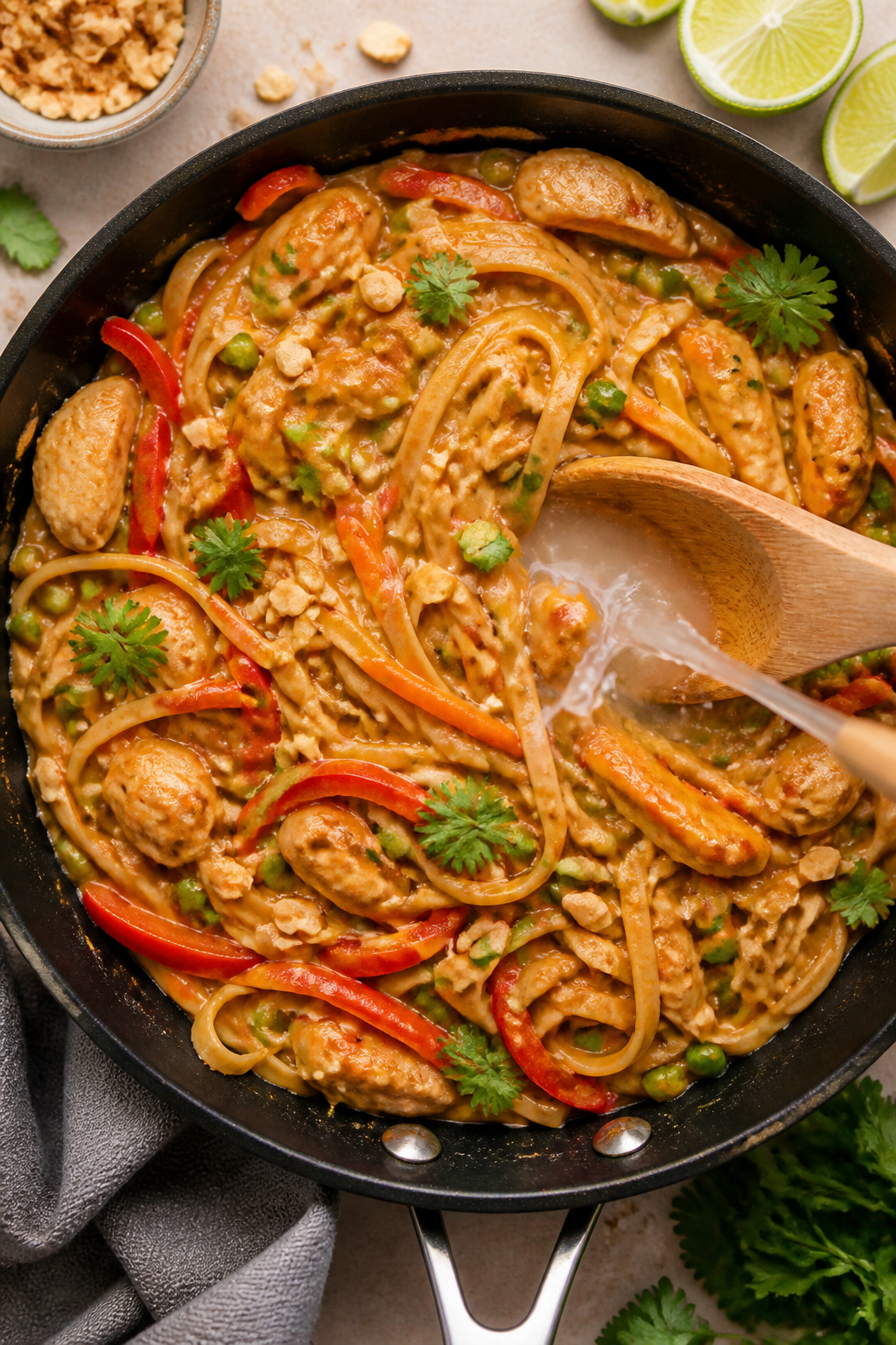 Tasty top view, tossed-in-pan moment: Overhead shot of Thai Peanut Chicken Pasta just after the pean