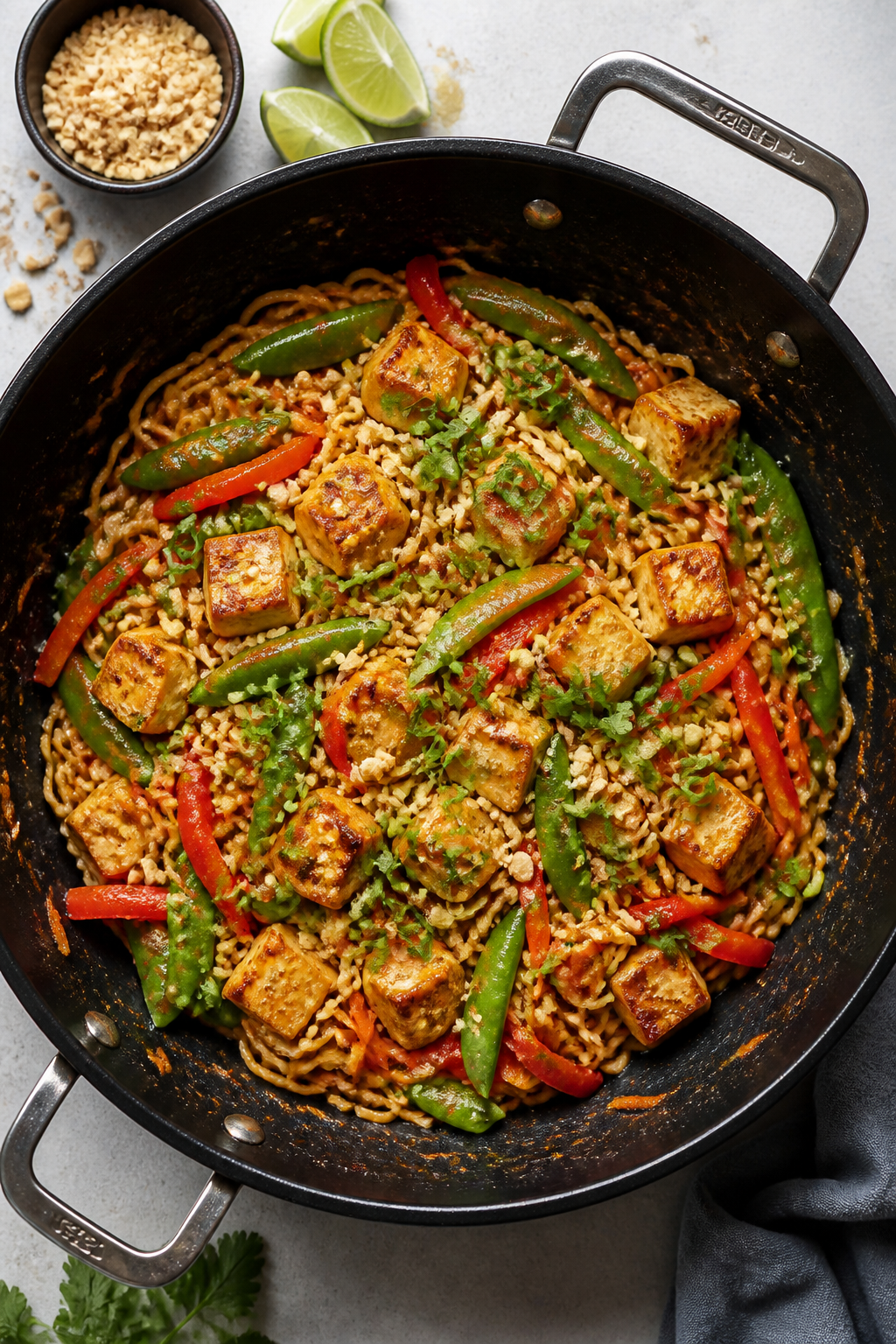 Tasty top view — Tossing ramen with peanut sauce and veggies: Overhead shot of springy ramen noodl