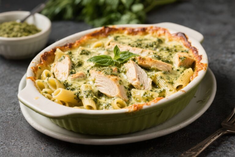 Creamy Pesto Chicken Pasta Bake – Cozy, Comforting, and Crowd-Pleasing