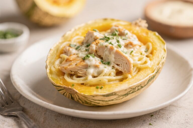 Healthy Chicken Alfredo Spaghetti Squash – Creamy, Comforting, and Light