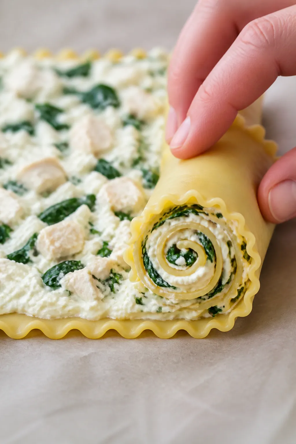 Assembly detail shot: A just-cooked lasagna noodle laid flat on parchment, evenly spread with creamy