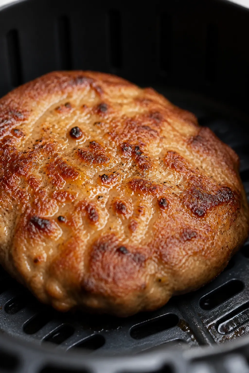 Close-up detail: A juicy air-fried ground chicken burger patty just out of the basket, glistening wi