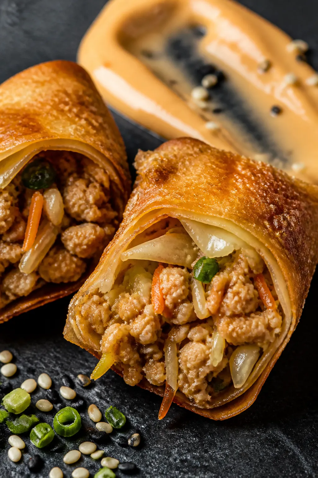 Close-up detail: A just-air-fried ground chicken egg roll split open on a slate board, showcasing th