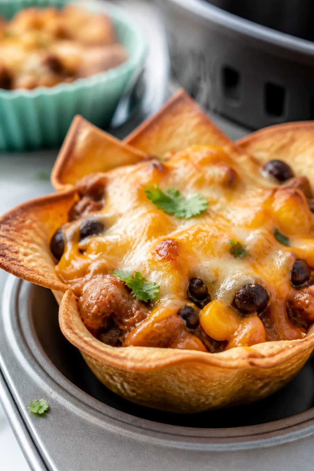 Close-up detail: A just-air-fried ground chicken taco cup in a metal muffin tin, edges of crisped wo