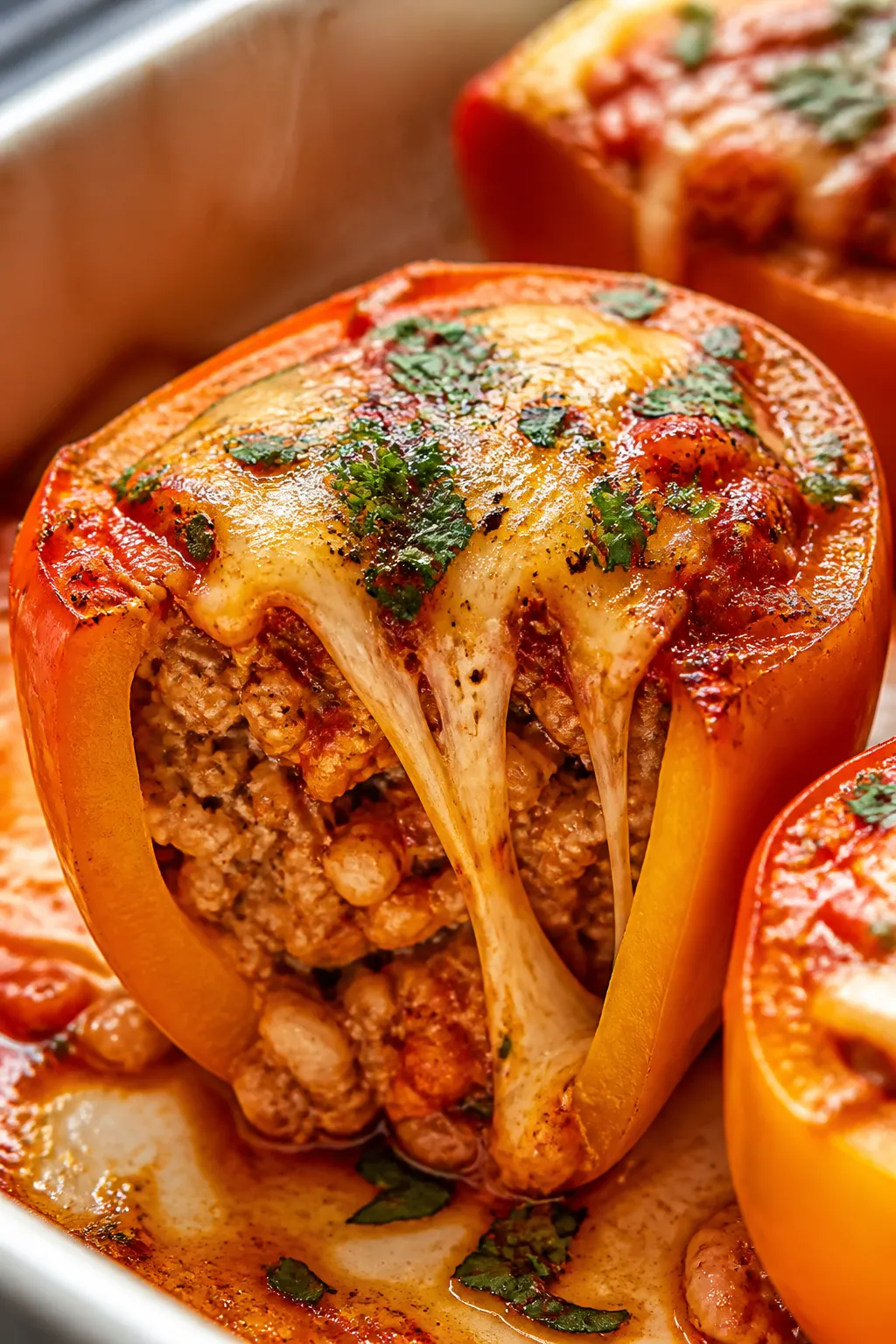 Close-up detail: A just-baked ground chicken stuffed bell pepper sliced open to reveal the moist, sa