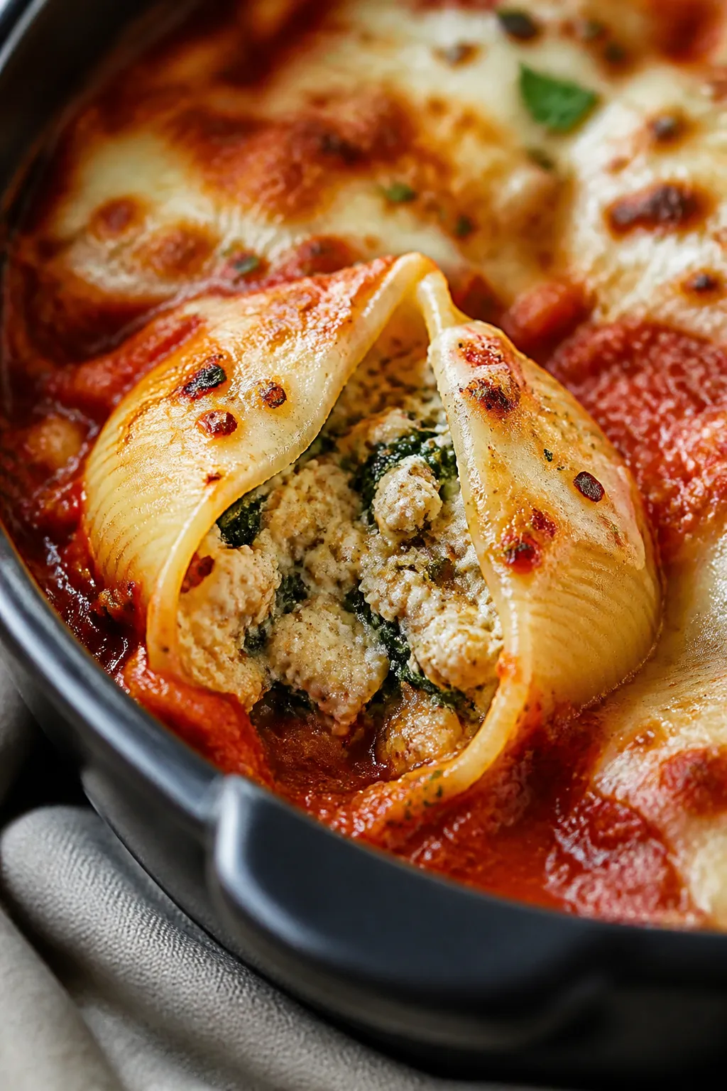 Close-up detail: A just-baked stuffed jumbo shell split slightly open to reveal the creamy ground ch
