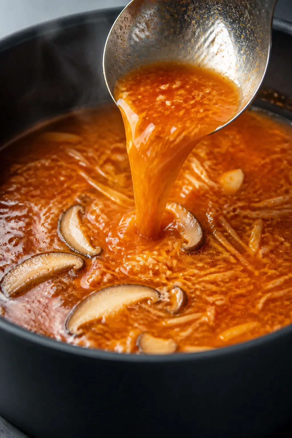 Close-up detail: A ladle pouring glossy, spicy chicken ramen broth into a pot, showing toasted gochu