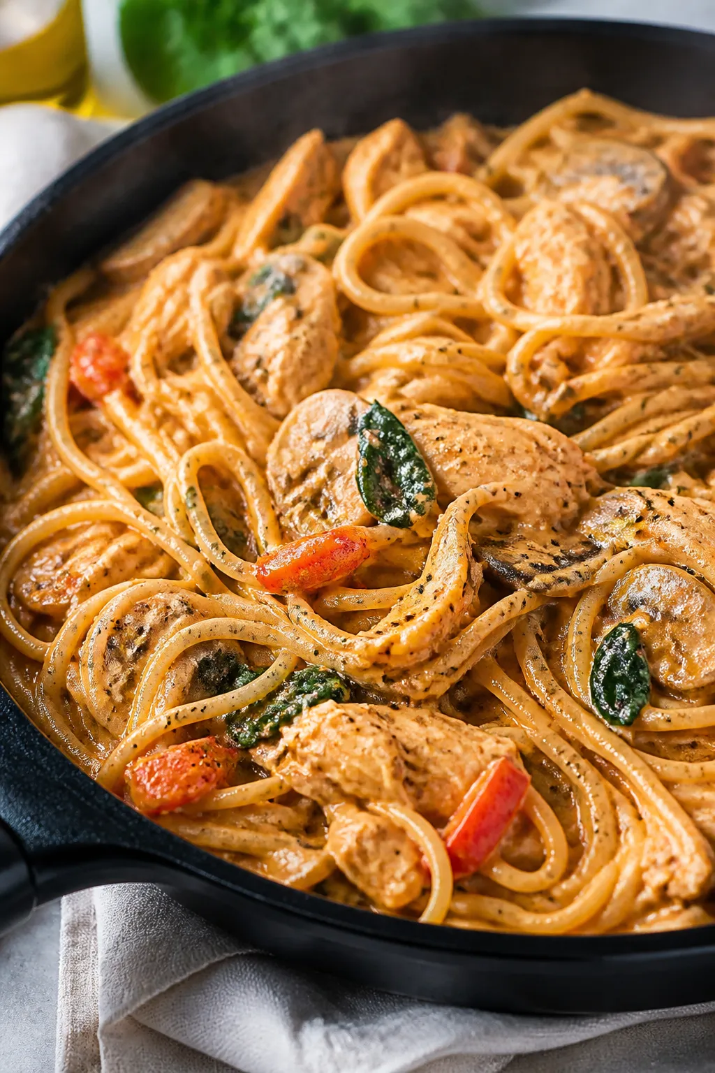 Close-up detail: A skillet of creamy tomato-Greek yogurt chicken spaghetti just after combining, sho