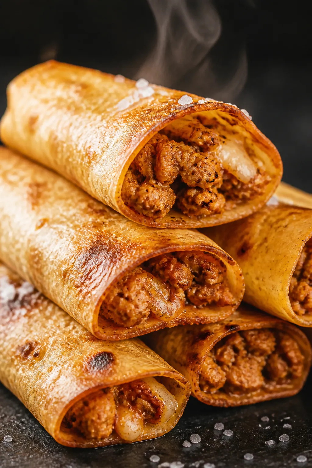 Close-up detail: A tight macro of freshly air-fried ground chicken taquitos just out of the basket, 