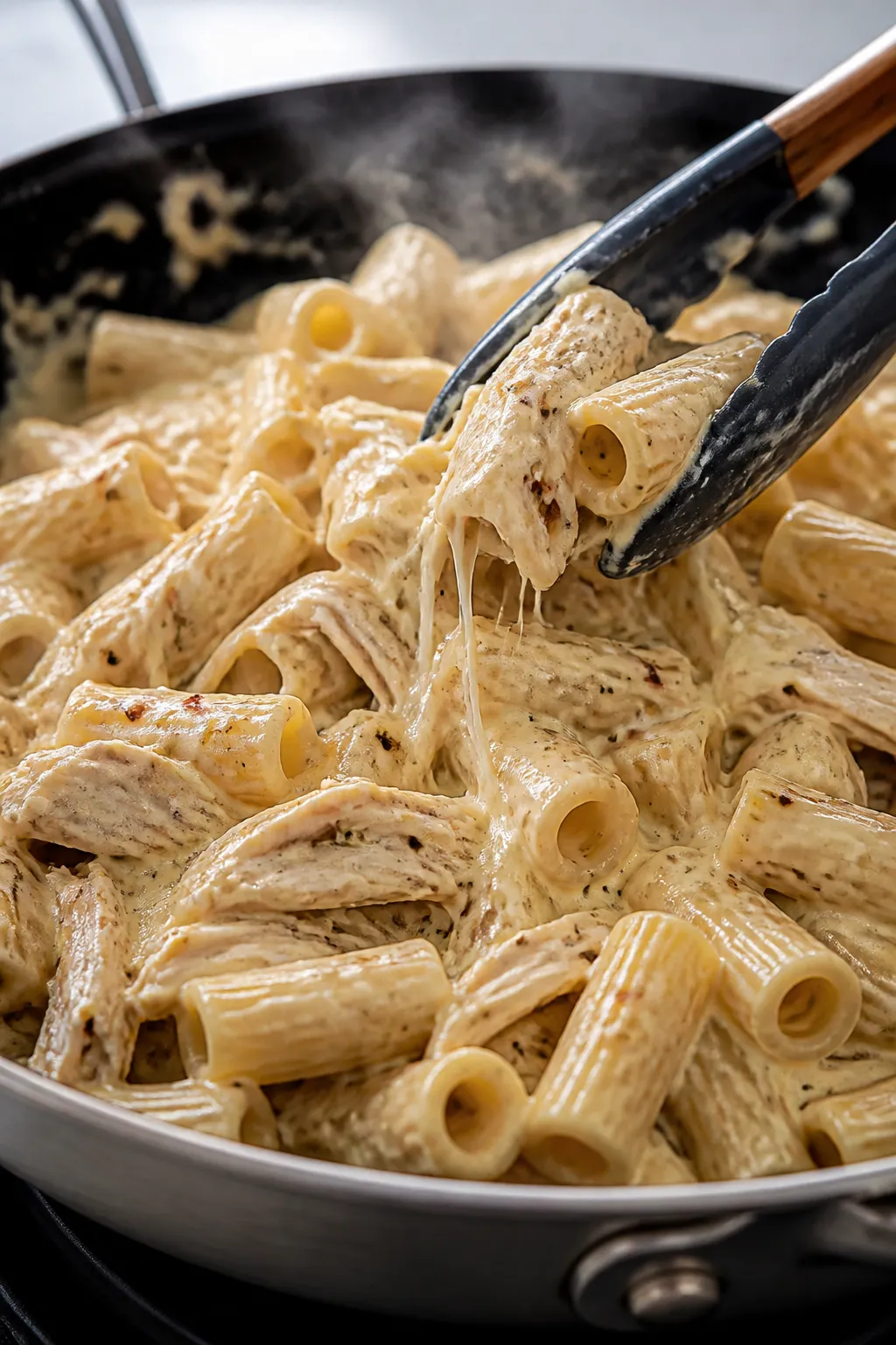 Close-up detail: A tight, shallow-depth-of-field shot of creamy Alfredo-coated rigatoni being folded