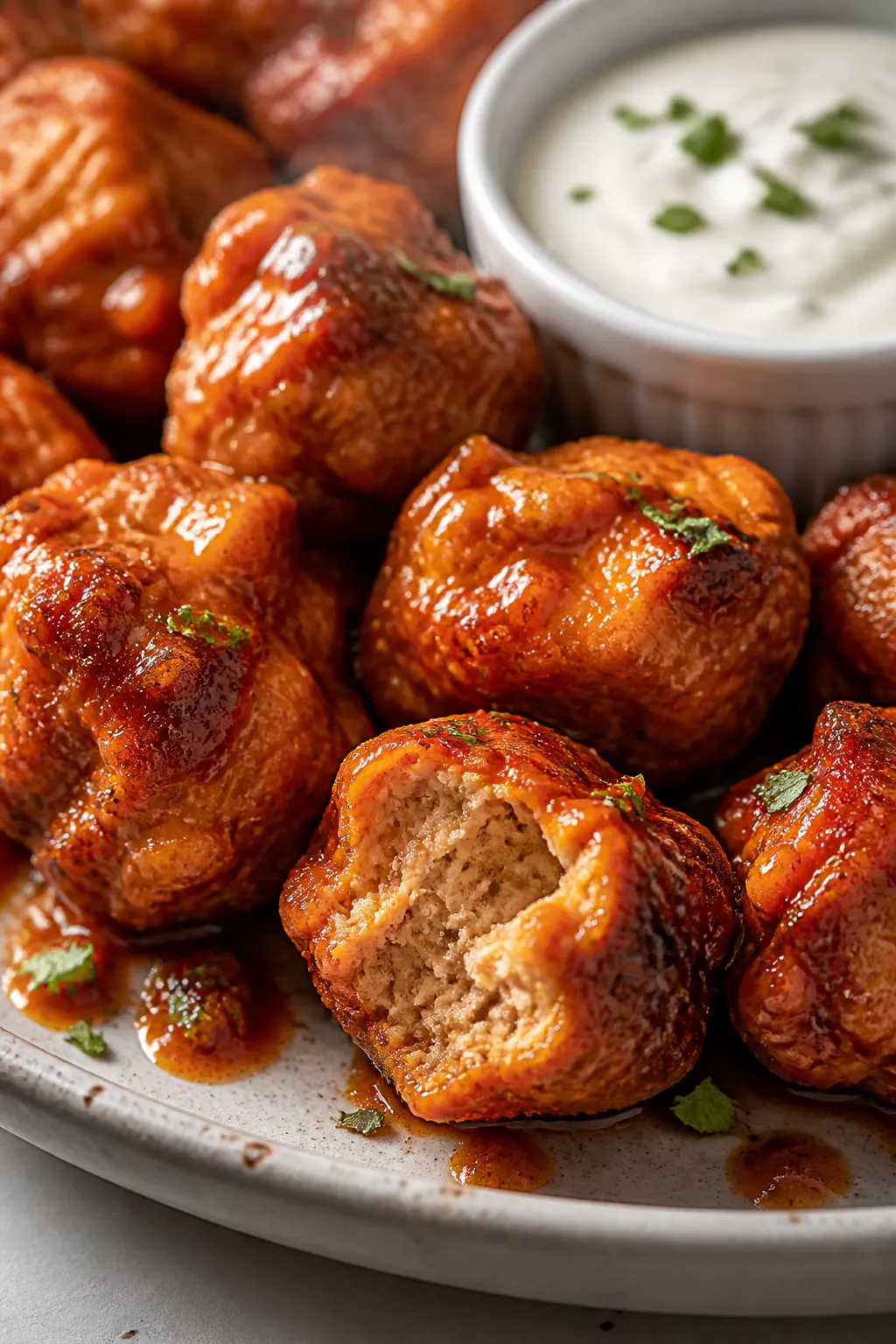 Close-up detail: Air fryer ground chicken buffalo bites just tossed in glossy buffalo sauce, steam r
