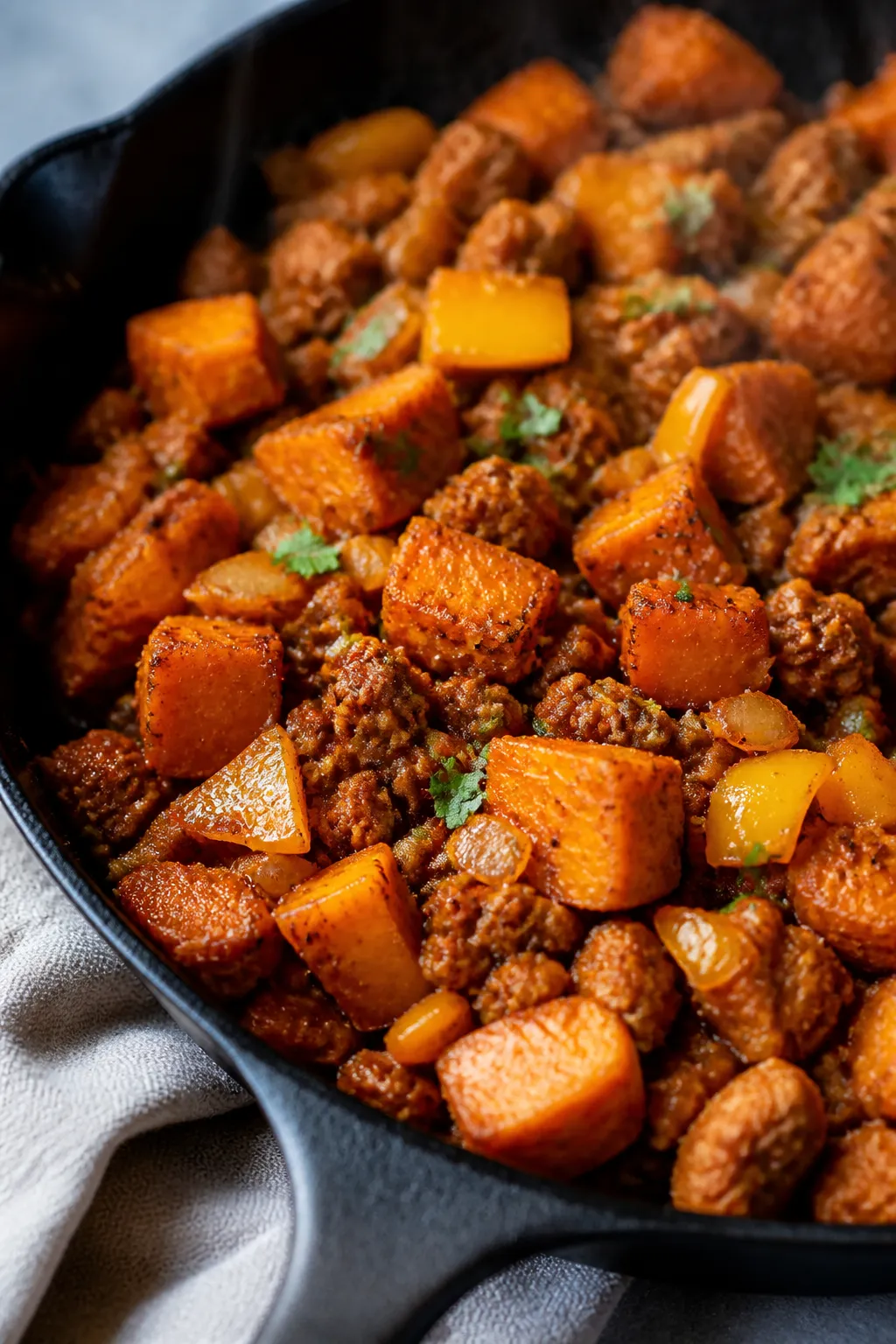 Close-up detail: Caramelized sweet potato cubes and browned ground turkey mingling in a cast-iron sk