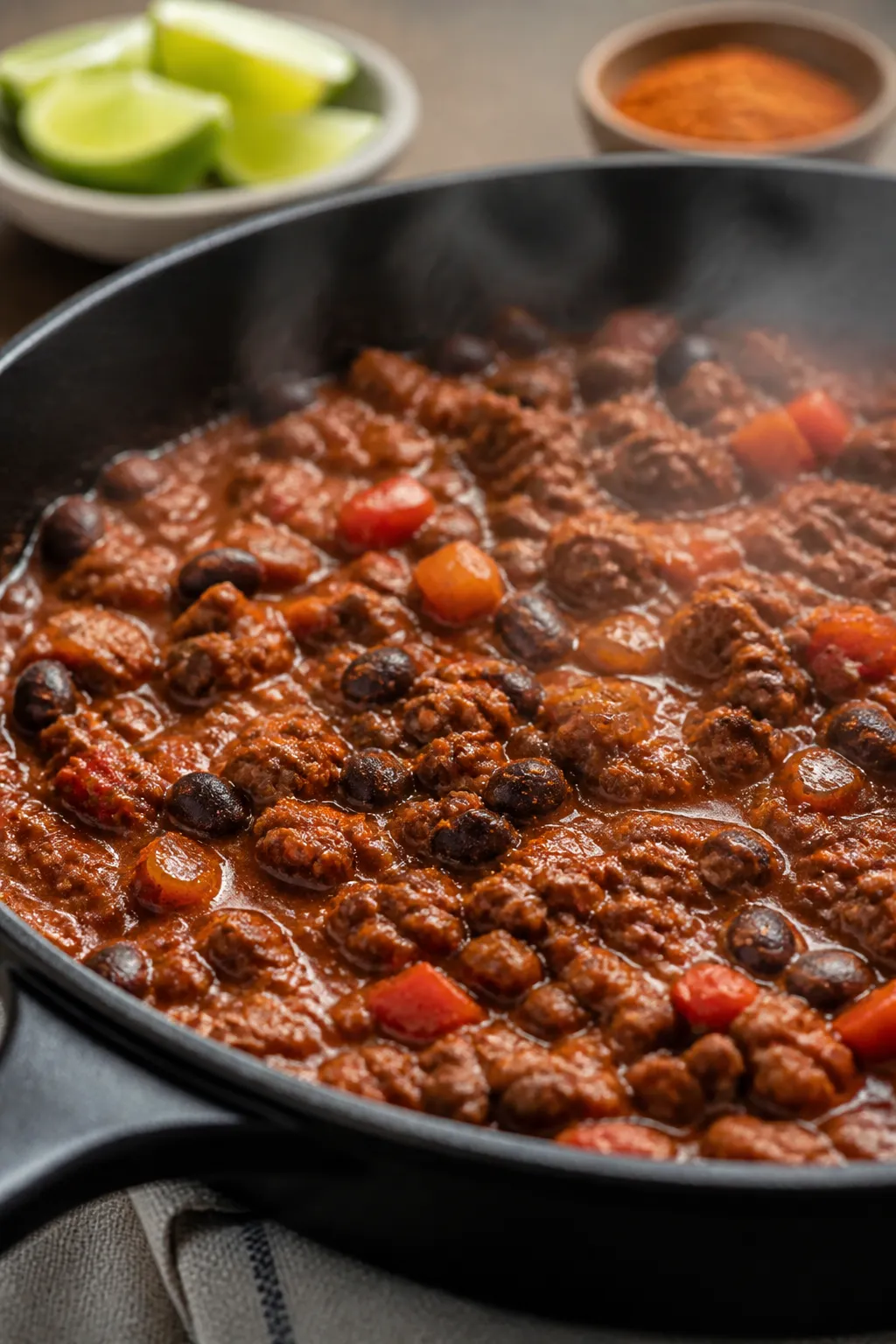 Close-up detail: caramelized taco meat and black beans simmering in tomato paste and broth in a wide