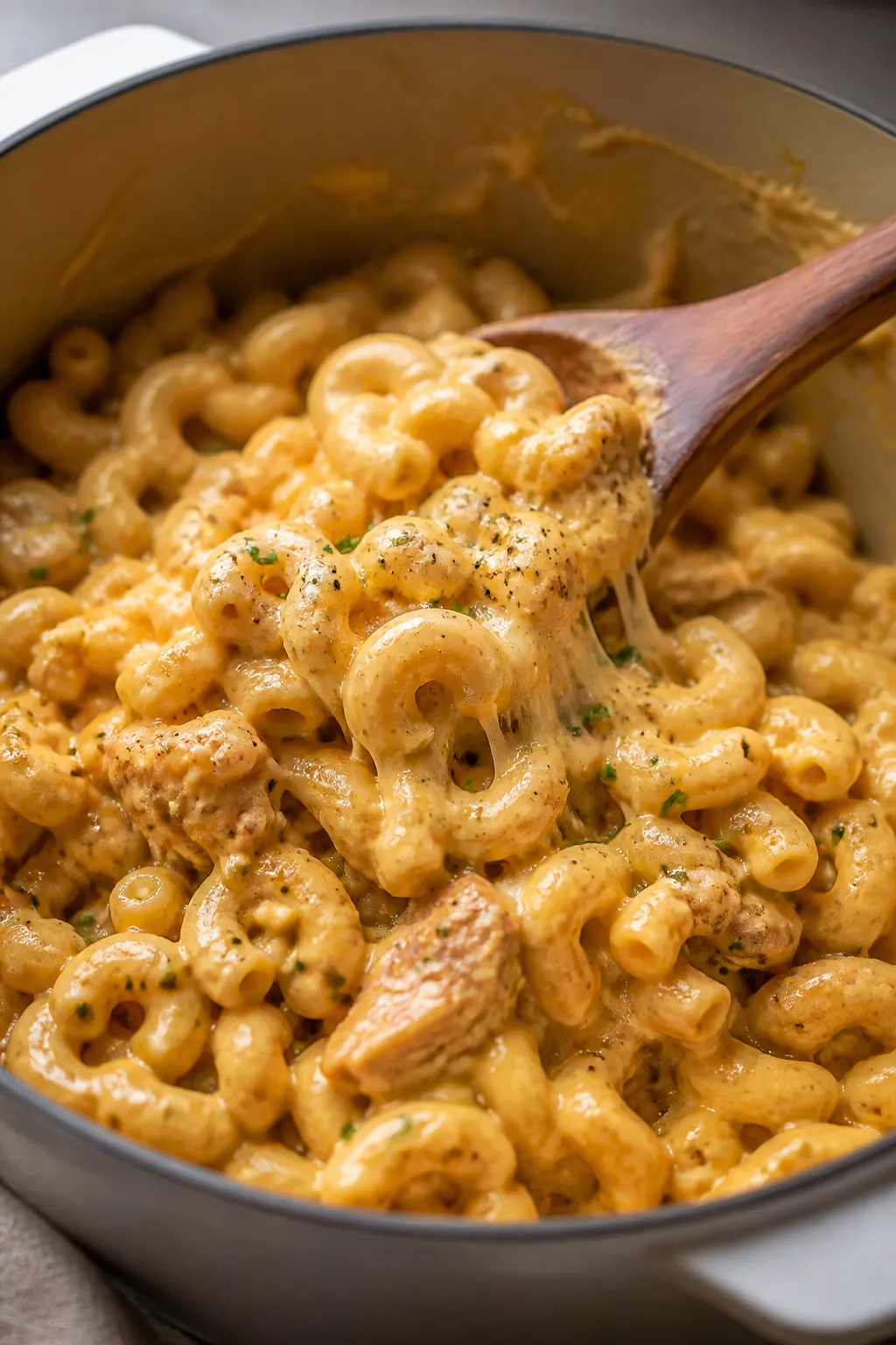 Close-up detail: Creamy high-protein mac and cheese being folded together in a Dutch oven—elbow ma