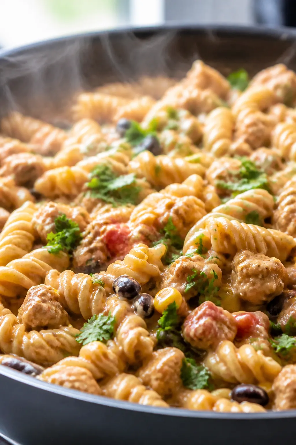 Close-up detail: Creamy high-protein taco pasta just after the Greek yogurt and reduced-fat cheddar 