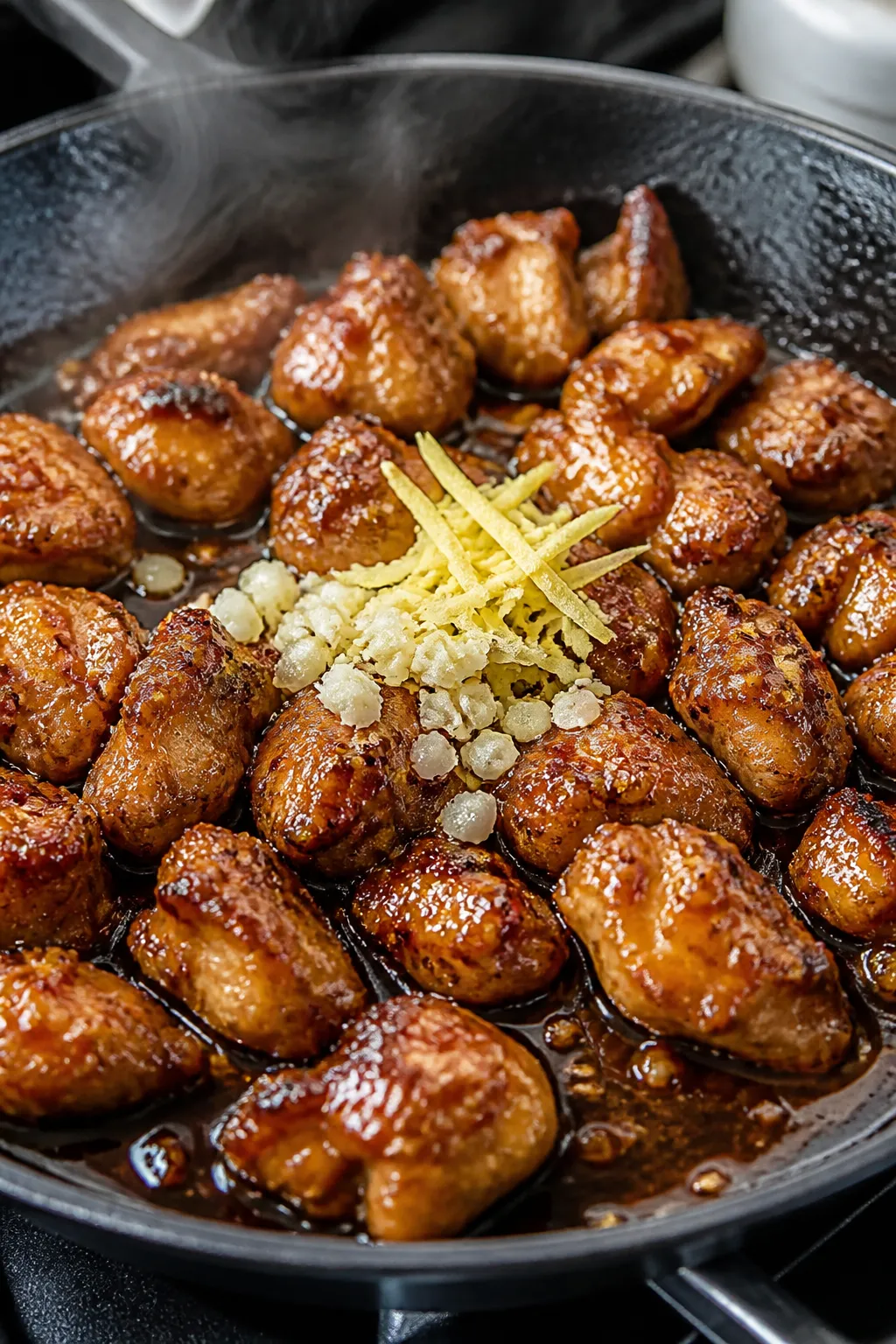 Close-up detail: Glazed orange chicken bites sizzling in a skillet with glossy, thickened orange-soy