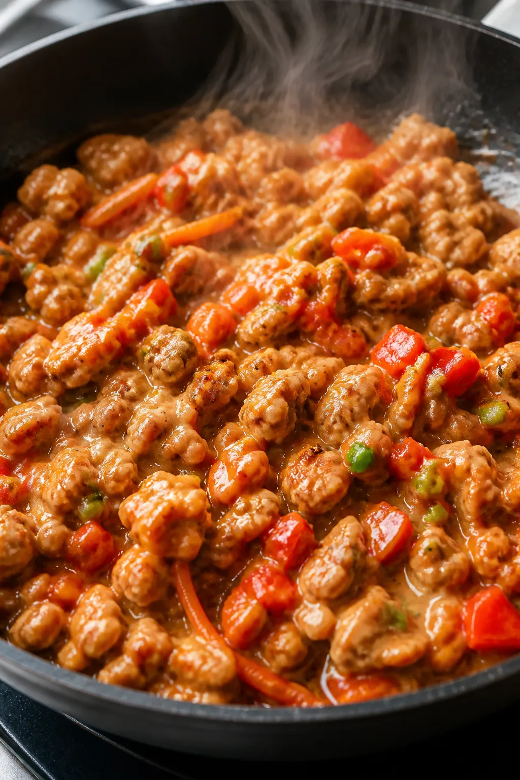 Close-up detail: Glossy bang bang ground chicken sizzling in a skillet right after saucing, with vis