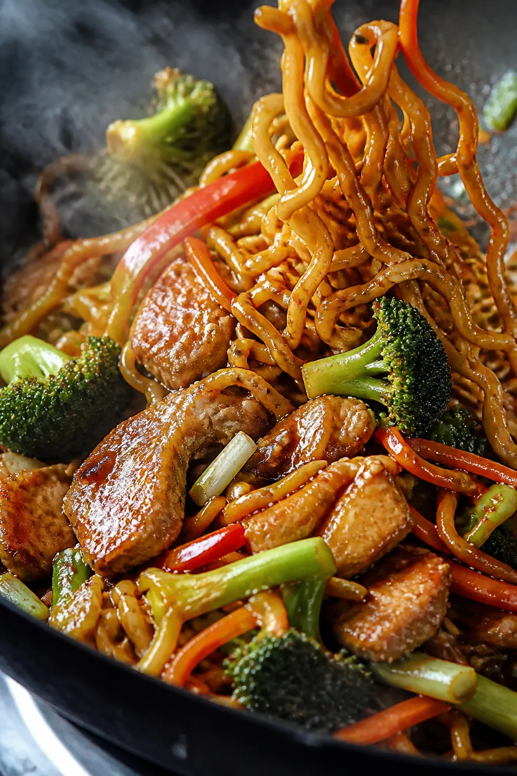 Close-up detail: Glossy chicken teriyaki ramen mid-toss in a hot wok, showing springy, slightly unde