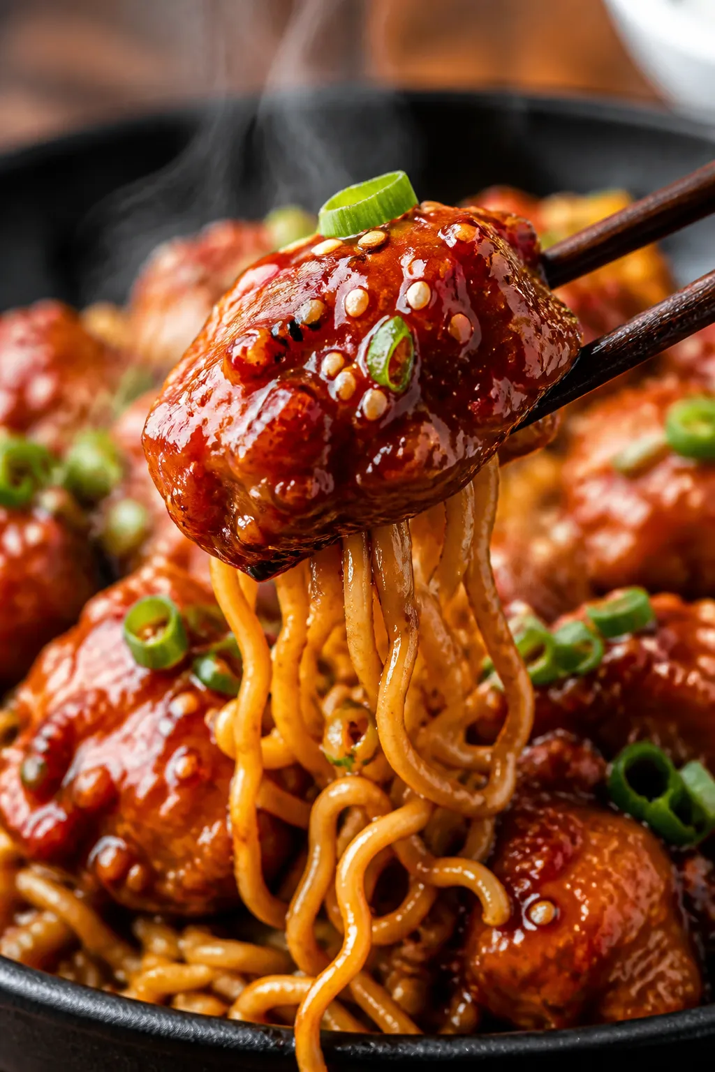 Close-up detail: Glossy firecracker chicken bite coated in thick, sticky red-orange sauce clinging t