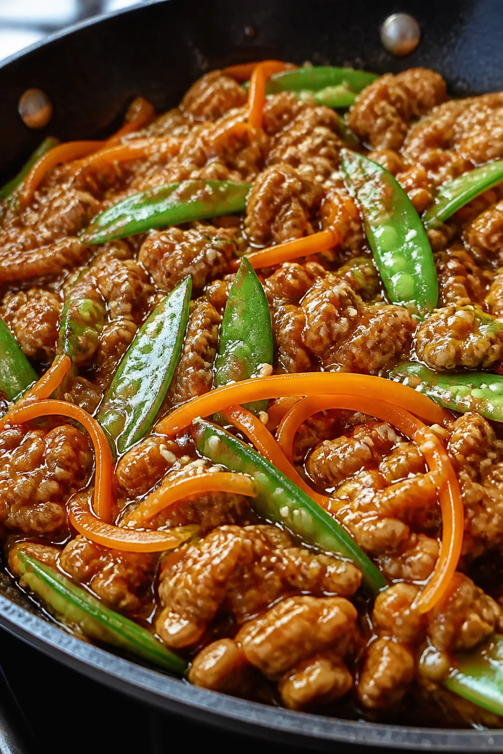 Close-up detail: Glossy ground chicken teriyaki simmering in a large skillet, sauce visibly thickene