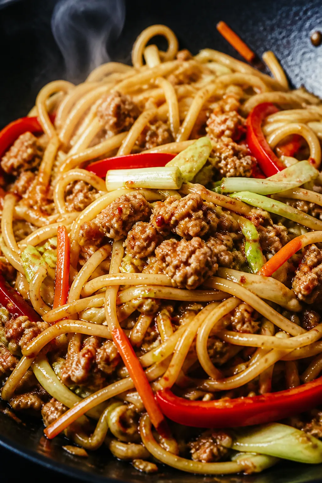 Close-up detail: Glossy lo mein noodles being tossed with browned ground chicken in a hot wok, sauce