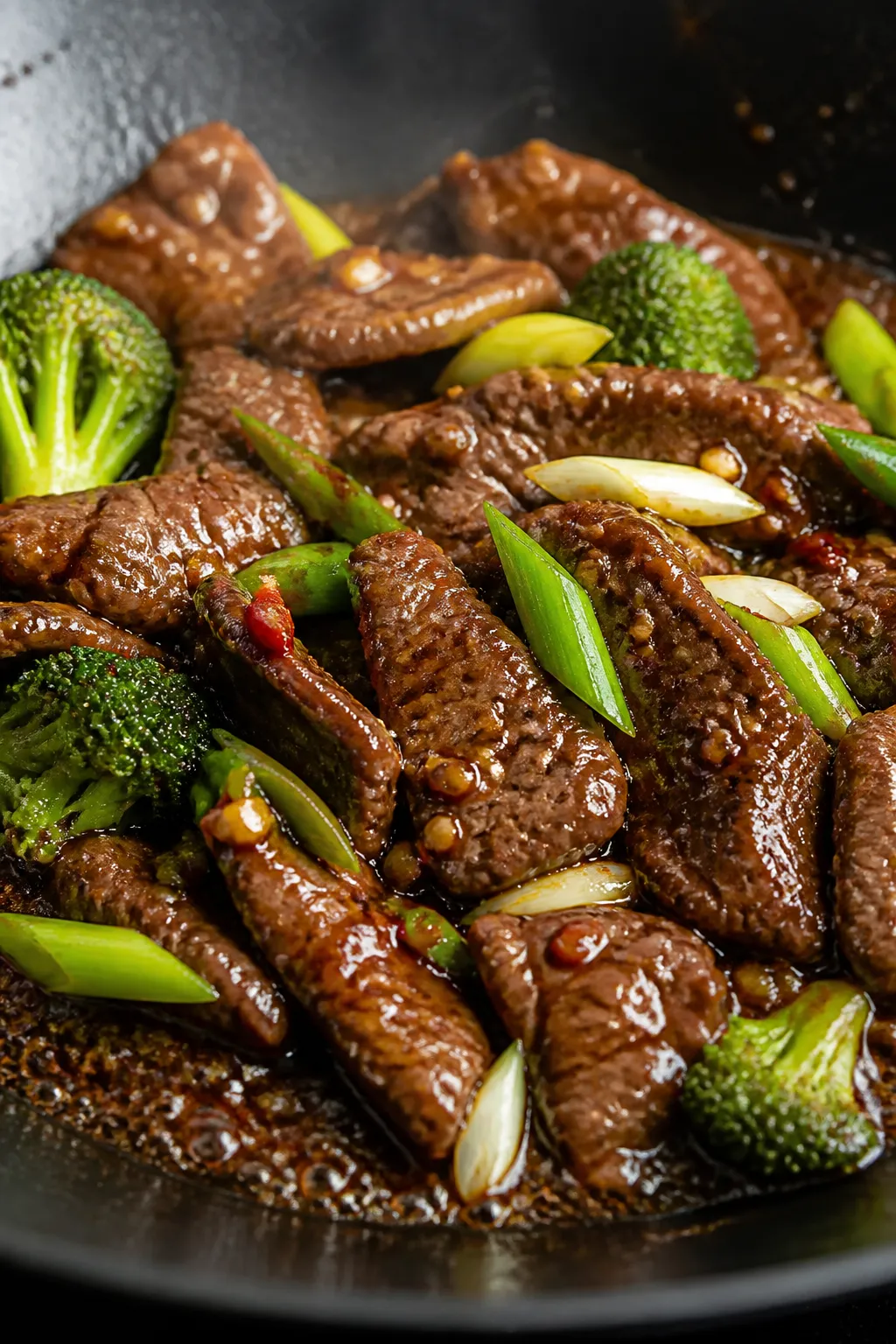 Close-up detail: Glossy Mongolian beef slices searing in a wok, caramelized edges catching light, sa