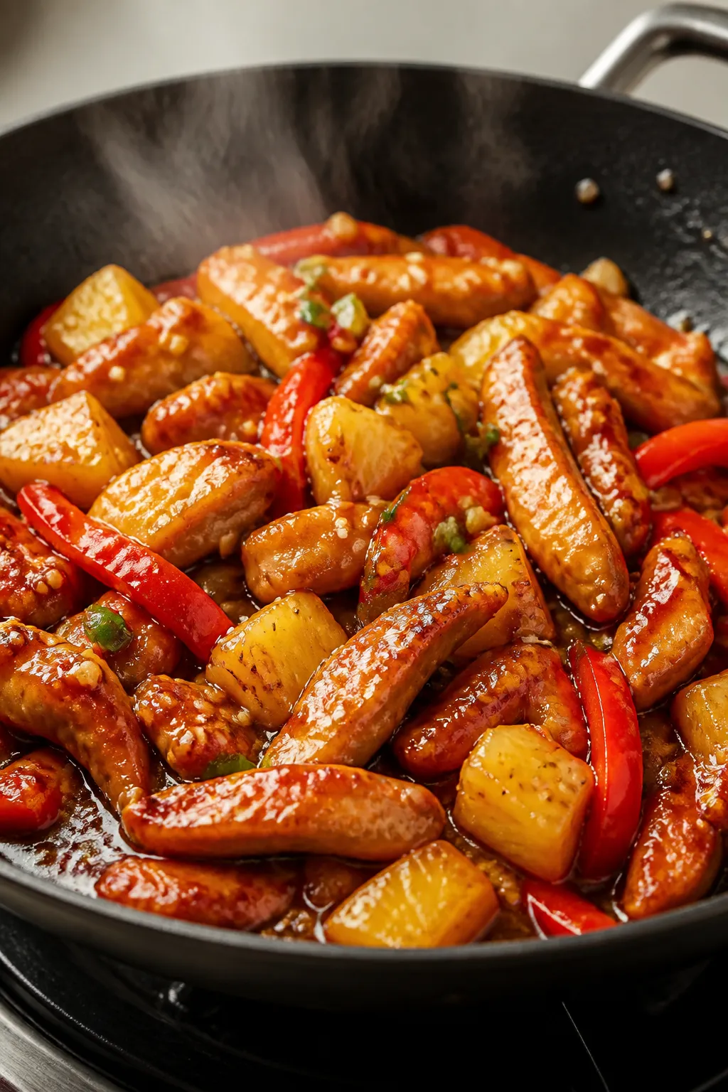 Close-up detail: Glossy pineapple-soy glazed chicken strips sizzling in a wide skillet with seared p