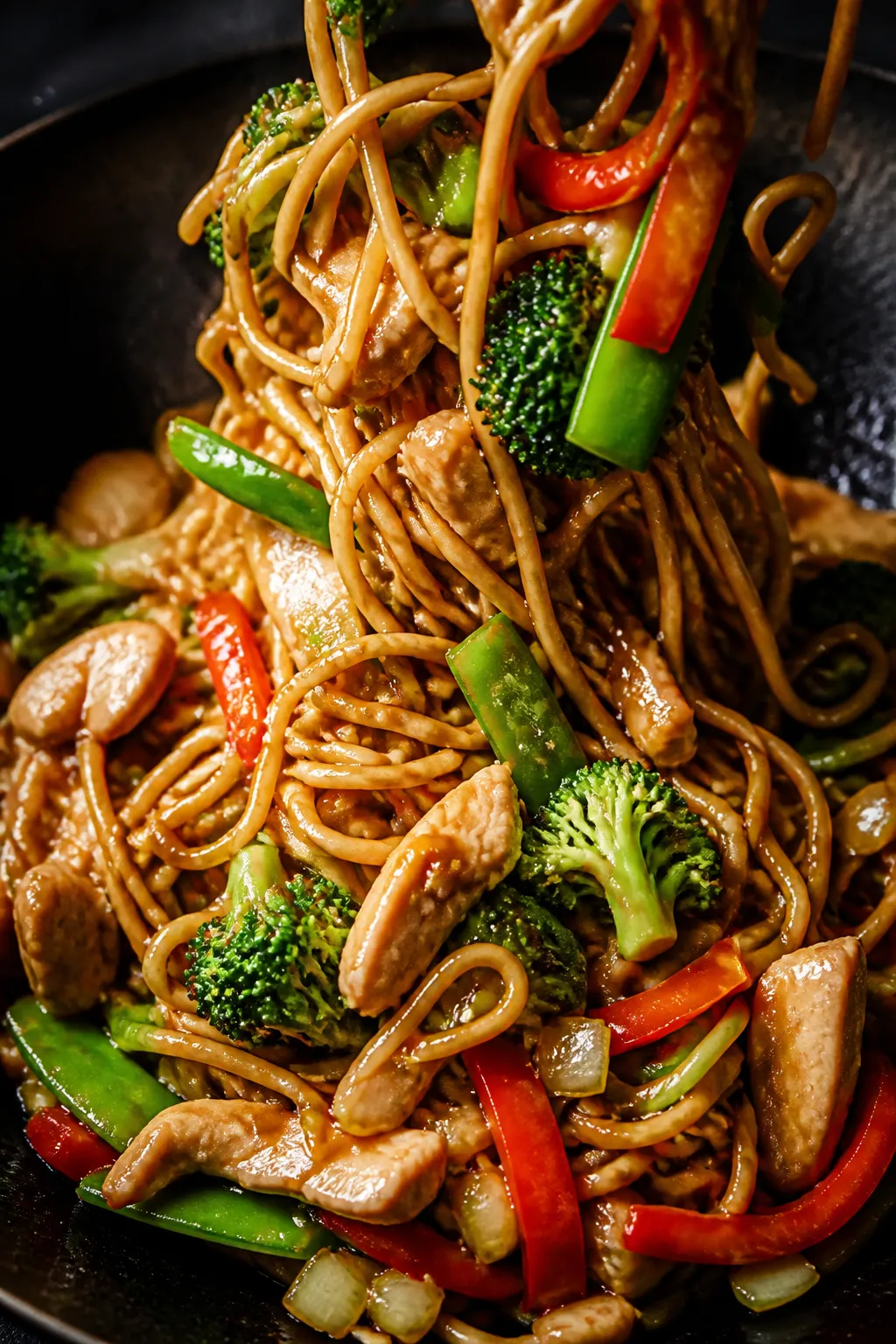 Close-up detail: Glossy ramen lo mein strands being tossed in a wok with thinly sliced chicken and c