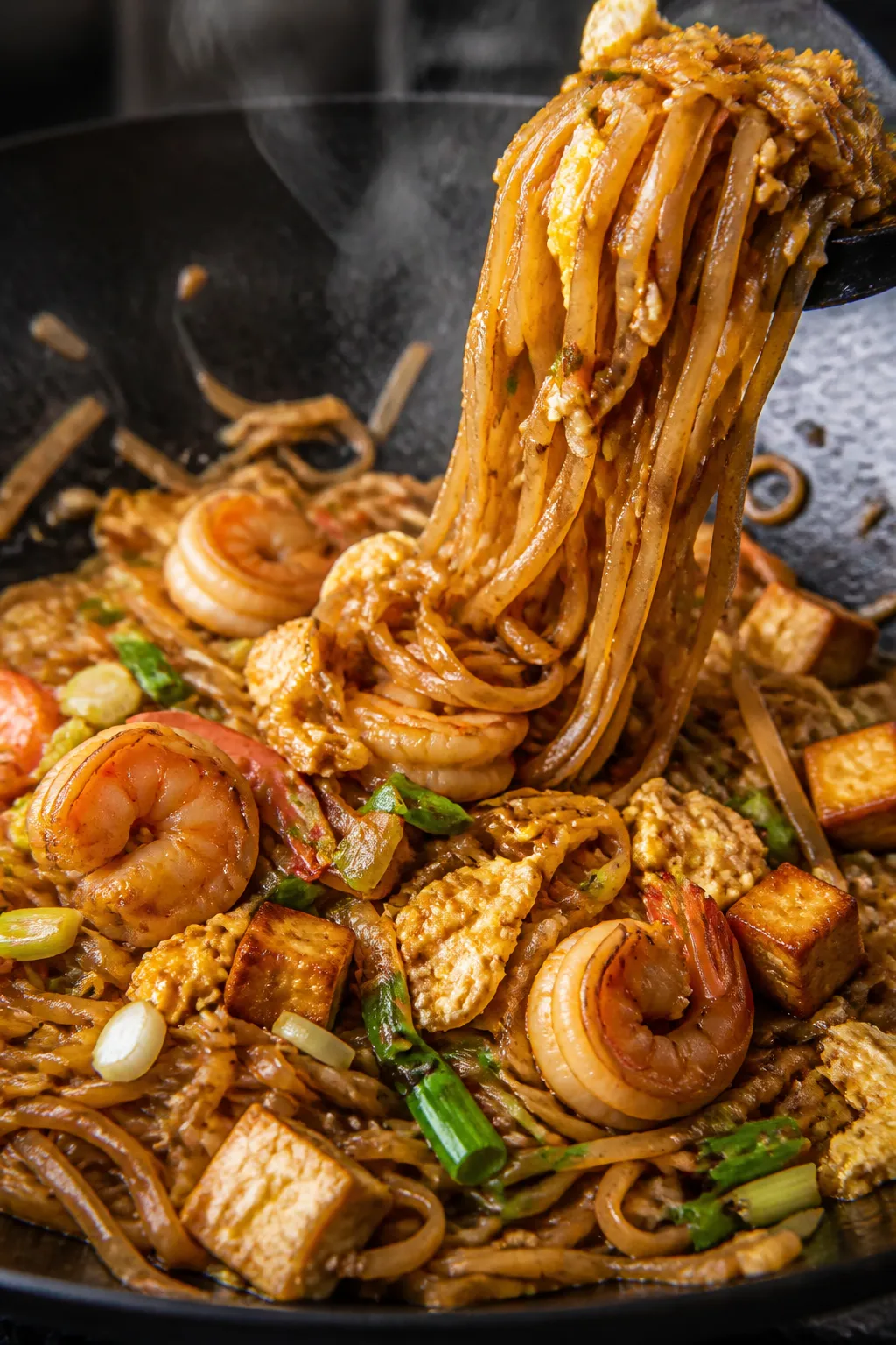 Close-up detail: Glossy ramen Pad Thai noodles being tossed in a wok, sauce clinging to the bouncy s